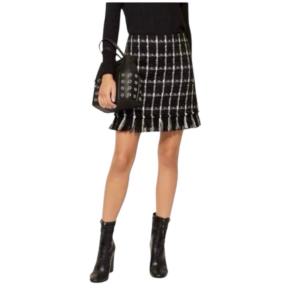 Tory Burch Black And White Checkered Fringe Skirt